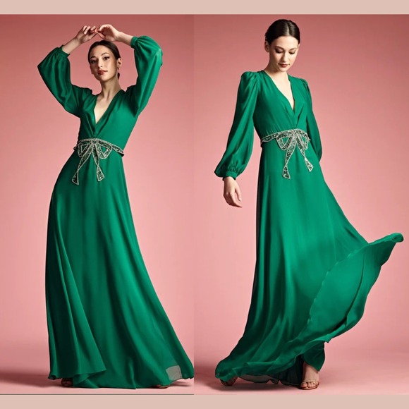 NWT $1095 Sachin & Babi [‎ 8 ] Ramsey Long Sleeve V Neck Bow Gown Green S1818 - Picture 15 of 16